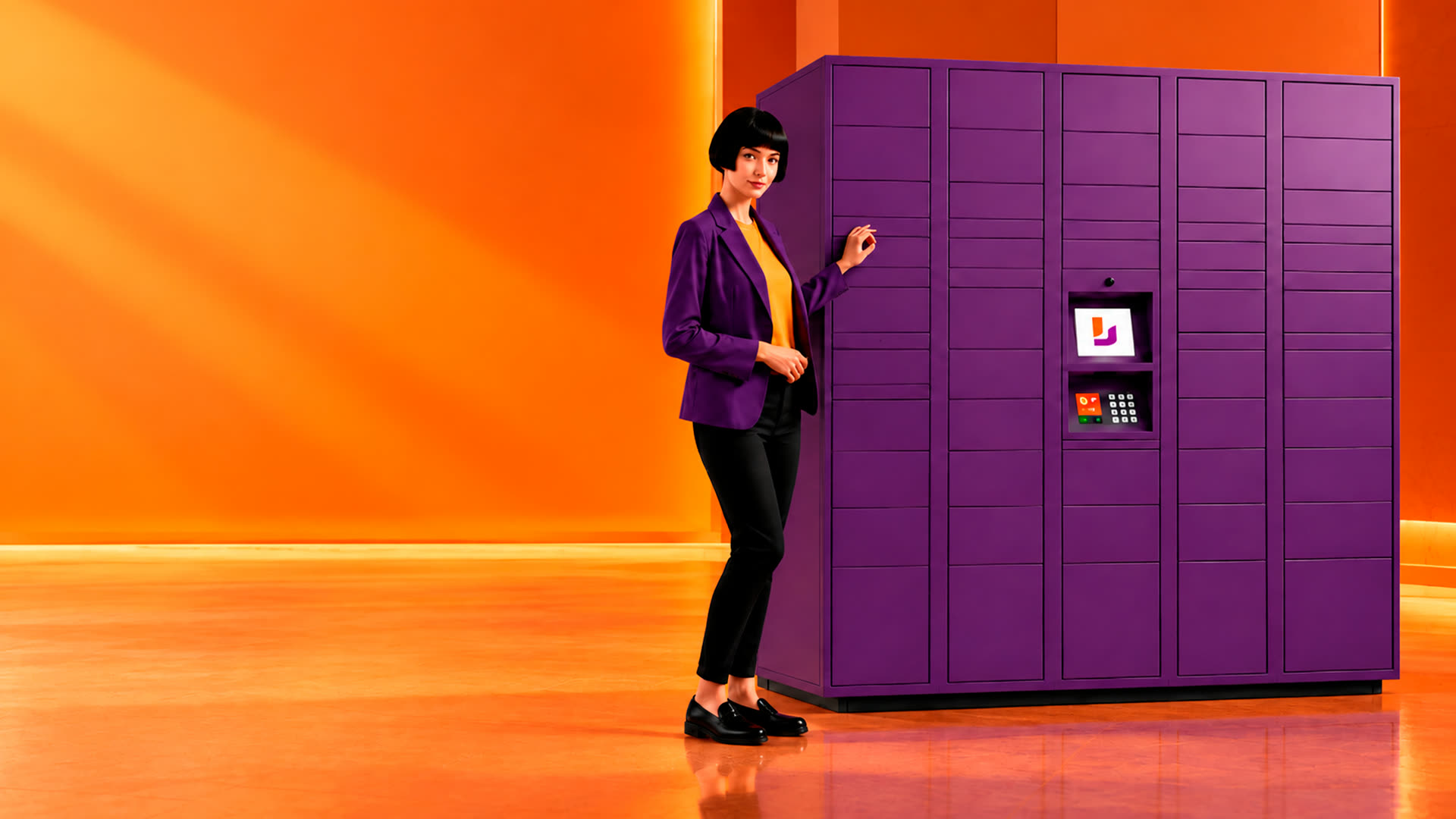 Mulher de blazer roxo ao lado de um locker LockBem roxo com tela e teclado, em um ambiente laranja