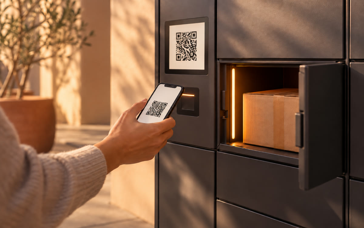 Pessoa aproximando o QR Code do celular do leitor do locker, com o compartimento aberto e a encomenda dentro