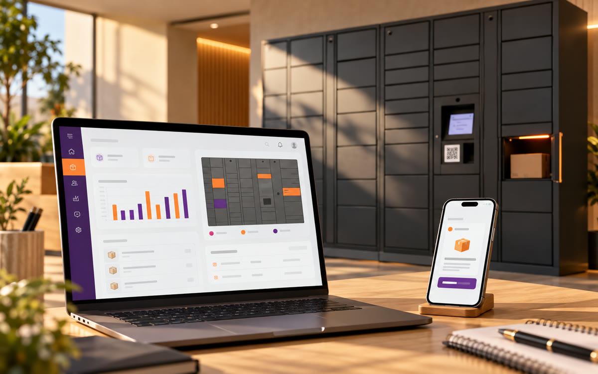 Notebook com o painel de gestão dos lockers e celular com notificação, com o locker ao fundo